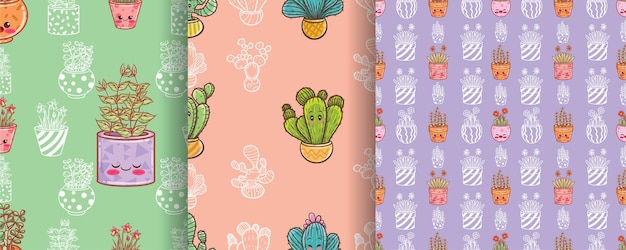 Vecteur ensemble de modèle sans couture de personnage de dessin animé mignon cactus et fleurs