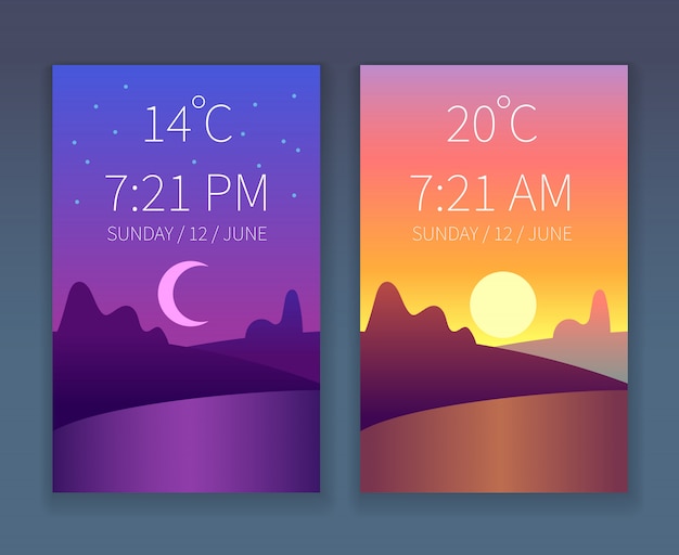 Vecteur ensemble de modèles d'application jour nuit. ciel du matin et du soir