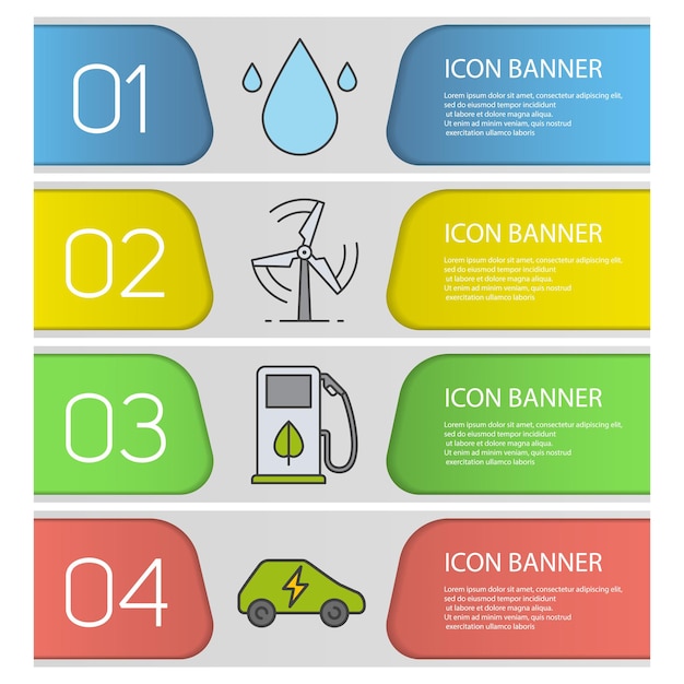 Ensemble de modèles de bannière d'énergie écologique. Ressources en eau, éco-énergie et carburant, voiture électrique. Éléments de menu du site Web. Bannière web couleur. Concepts de conception d'en-têtes vectoriels