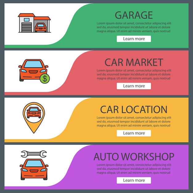 Vecteur ensemble de modèles de bannière web d'atelier automatique. garage, marché automobile, emplacement automobile, service de réparation. éléments de menu de couleur du site web. concepts de conception d'en-têtes vectoriels