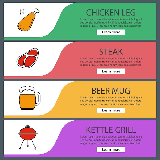 Ensemble de modèles de bannière Web barbecue. UN BARBECUE. Cuisse de poulet, steak, chope de bière, grill bouilloire. Éléments de menu de couleur du site Web. Concepts de conception d'en-têtes vectoriels
