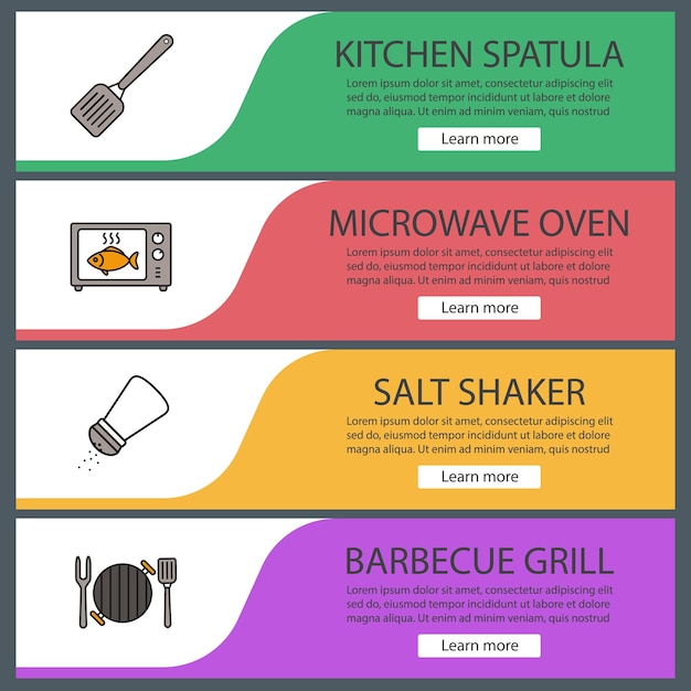 Ensemble De Modèles De Bannière Web Barbecue. éléments De Menu De Couleur Du Site Web. Un Barbecue. Spatule De Cuisine, Cuisson Au Four Micro-ondes, Salière, Grill. Concepts De Conception D'en-têtes Vectoriels