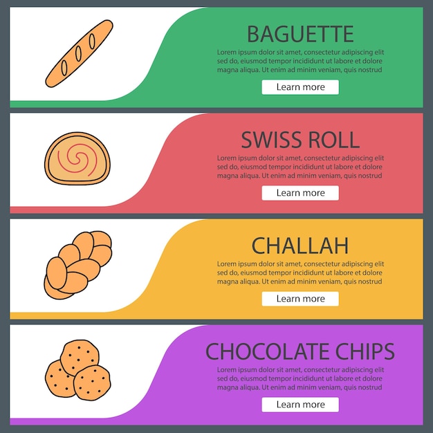 Vecteur ensemble de modèles de bannière web de boulangerie. baguette, swiss roll, challah, pépites de chocolat. éléments de menu de couleur du site web. concepts de conception d'en-têtes vectoriels