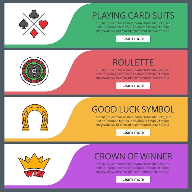Ensemble de modèles de bannière web de casino. Costumes de cartes à jouer, roulette, fer à cheval, couronne du gagnant. Éléments du menu de couleur du site Web. Concepts de conception d'en-têtes de vecteur
