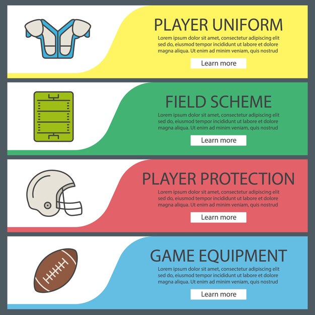 Ensemble de modèles de bannière Web de football américain. Épaulière, schéma de terrain, casque, ballon. Éléments de menu de couleur du site Web. Concepts de conception d'en-têtes vectoriels