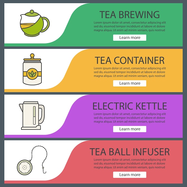 Vecteur ensemble de modèles de bannière web de thé. bouilloire électrique, récipient, théière, boule infuseur. éléments de menu de couleur du site web. concepts de conception d'en-têtes vectoriels