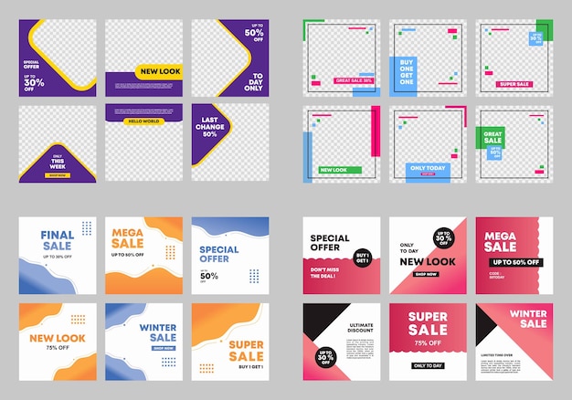 Ensemble de modèles de bannières carrées minimales modifiables Couleur d'arrière-plan colorée avec forme de ligne à rayures Convient aux publications sur les réseaux sociaux et aux publicités sur le Web