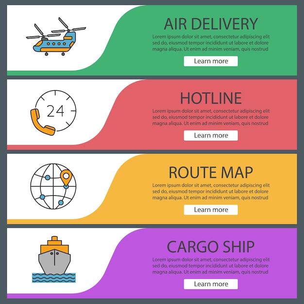 Ensemble de modèles de bannières Web d'expédition de fret. Service de livraison. Hélicoptère militaire, hotline, carte routière, cargo. Éléments de menu de couleur du site Web. Concepts de conception d'en-têtes vectoriels