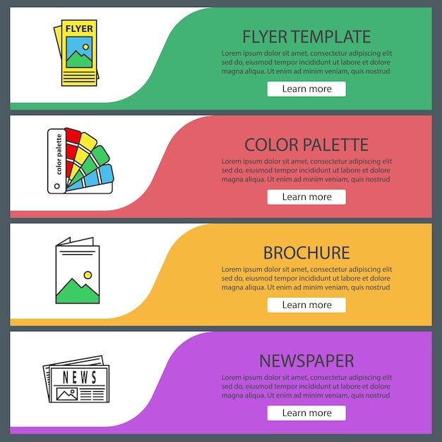 Vecteur ensemble de modèles de bannières web d'impression. polygraphie et typographie. modèle de flyer, palette de couleurs, brochure, journal. éléments de menu de couleur du site web. concepts de conception d'en-têtes vectoriels