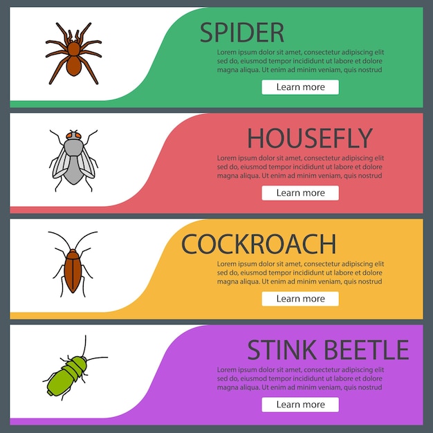 Vecteur ensemble de modèles de bannières web d'insectes. araignée, cafard, mouche domestique, punaise. éléments de menu de couleur du site web. concepts de conception d'en-têtes vectoriels