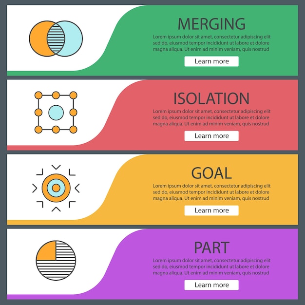 Vecteur ensemble de modèles de bannières web de symboles abstraits. fusion, isolement, objectif, concepts de partie. éléments de menu de couleur du site web. concepts de conception d'en-têtes vectoriels