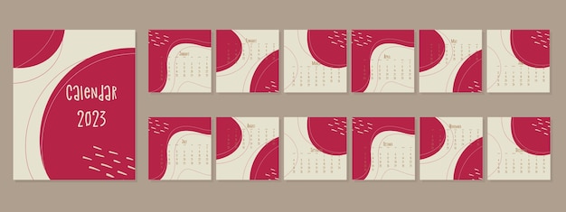 Ensemble de modèles de calendrier 2023 par mois, concept de couverture de calendrier, résumé de style boho Viva Magenta