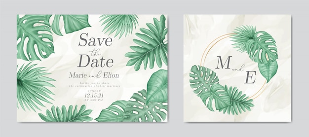 Ensemble de modèles de cartes d'invitation de mariage de cadre de feuilles tropicales