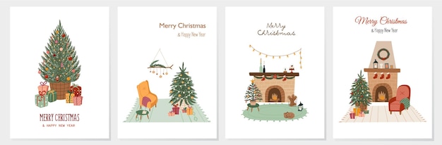 Ensemble de modèles de cartes Joyeux Noël et Bonne Année avec un sapin de Noël et des boîtes