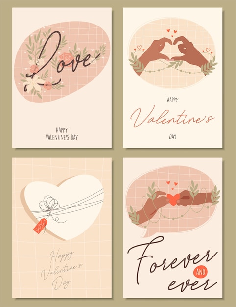 Ensemble De Modèles De Concept De Cartes De Voeux Saint Valentin Au Design Plat Avec Illustrations De Dessin à La Main Et Lettrage