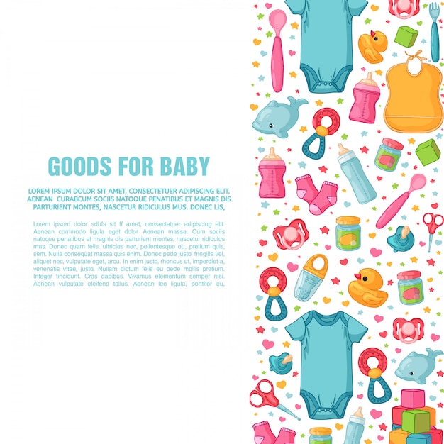 Ensemble de modèles de conception de bannières verticales avec des motifs de l'enfance. Personnel nouveau-né pour la décoration des flyers. Vêtements, jouets, accessoires pour bébés. Affiche carrée avec article pour bébé. .