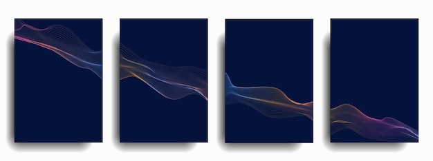 Ensemble de modèles de conception de couverture avec des vagues de lignes de gradient abstraites dynamiques sur fond bleu Flyer sonore vecteur EPS 10