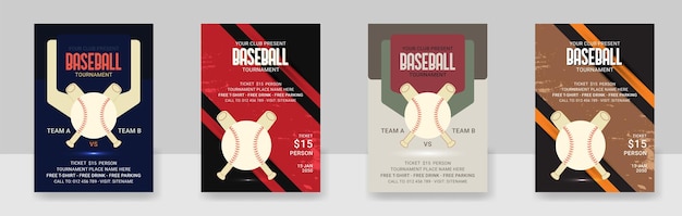 Vecteur un ensemble de modèles de conception de flyer de baseball pour un tournoi ou un championnat d'événement sportif