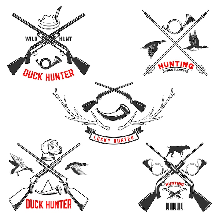Vecteur ensemble de modèles d'emblème de chasse fusils de chasse dogduck et cerf élément de conception pour logo étiquette signe affiche t-shirt illustration vectorielle