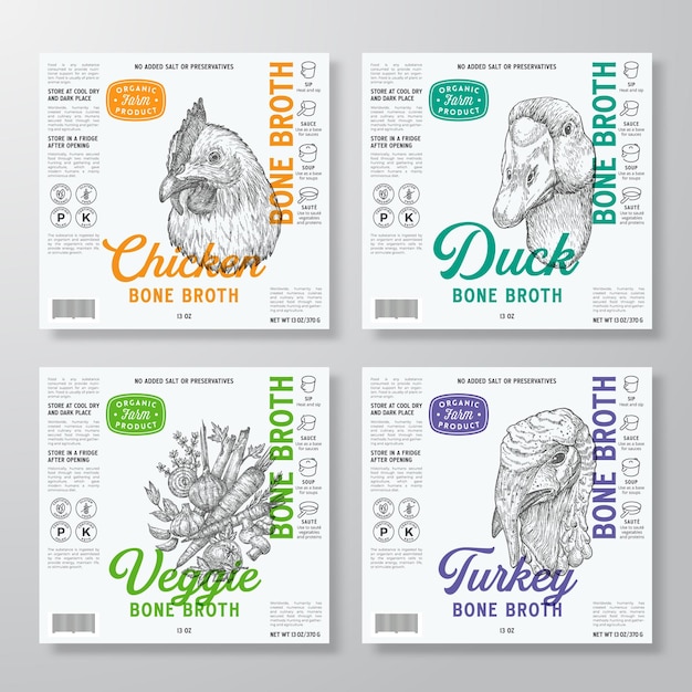 Ensemble de modèles d'étiquettes de bouillon d'os Ensemble de mises en page de conception d'emballages alimentaires vectoriels abstraits Typographie moderne avec légumes dessinés à la main Canard de poulet et arrière-plans de croquis de visage de dinde isolés