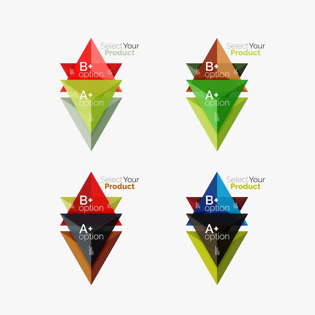 Ensemble de modèles d'infographies d'affaires géométriques triangulaires Éléments de présentation d'informations de brochure d'affaires arrière-plan et navigation de conception Web Sélectionnez votre concept de produit faire un choix idée