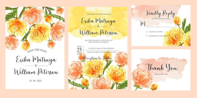 Ensemble De Modèles D'invitation De Mariage Aquarelle Chrysanthème Jaune Et Corail