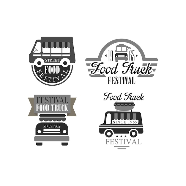 Ensemble De Modèles De Logo Originaux Pour Le Festival Des Camions Alimentaires Emblèmes Monochromes Avec Fourgonnettes Et Lettrage Conception Graphique Pour Bannière Publicitaire Ou Affiche Illustrations Vectorielles Isolées Sur Fond Blanc