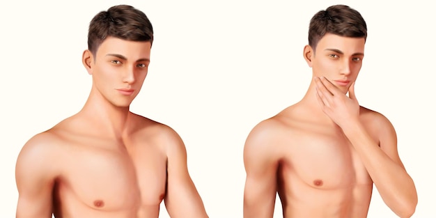 Vecteur ensemble de modèles masculins attrayants, un avec la main touchant son menton en illustration 3d