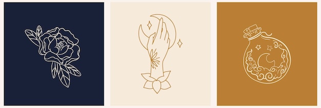 Un ensemble de modèles mystiques pour un logo et des cartes postales avec une potion une main et une rose Aube avec des fleurs des concepts de luxe et de bijoux pour des services et produits exclusifs de l'industrie de la beauté et du spa