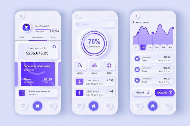 Ensemble de modèles neumorphes de concept de banque en ligne Transactions financières UI Écrans GUI UX