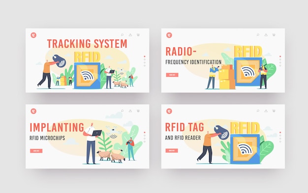 Ensemble De Modèles De Page De Destination Du Système De Suivi Rfid. Technologie D'étiquette D'identification Par Radiofréquence. Petit Personnage Utilise La Piste électromagnétique De Livraison Et Le Lecteur Sur La Cargaison. Illustration Vectorielle De Gens De Dessin Animé