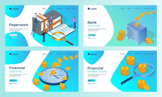 Un ensemble de modèles de pages de destinationGestion de bureau Bancaire Contrôle financier Investissements financiers