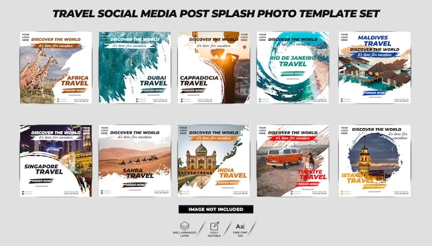 Ensemble De Modèles De Photo Post Splash Sur Les Médias Sociaux De Voyage, Ensemble De Conception De Poste De Voyage Instagram Vectoriel