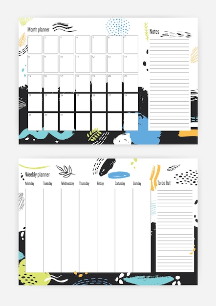 Vecteur ensemble de modèles de planificateur mensuel et hebdomadaire avec des ornements décoratifs abstraits aux couleurs vives