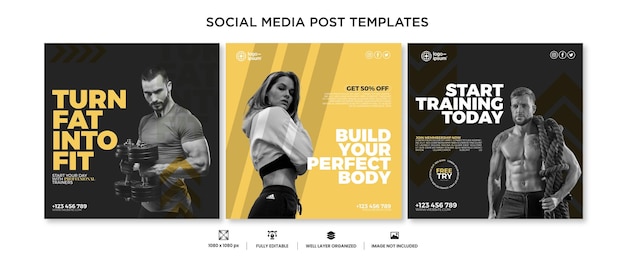 Ensemble de modèles de publication sur les médias sociaux Creative Gym Marketing Square Flyer