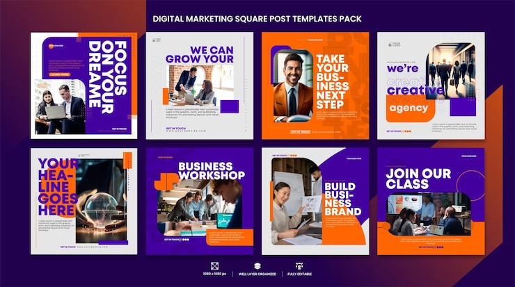 Vecteur un ensemble de modèles de publication orange et violet pour les modèles de publication carrés de marketing numérique.