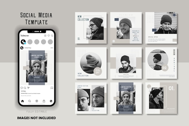 Vecteur ensemble de modèles de publications sur les médias sociaux pour hommes de mode gris blanc monochrome simple minimaliste