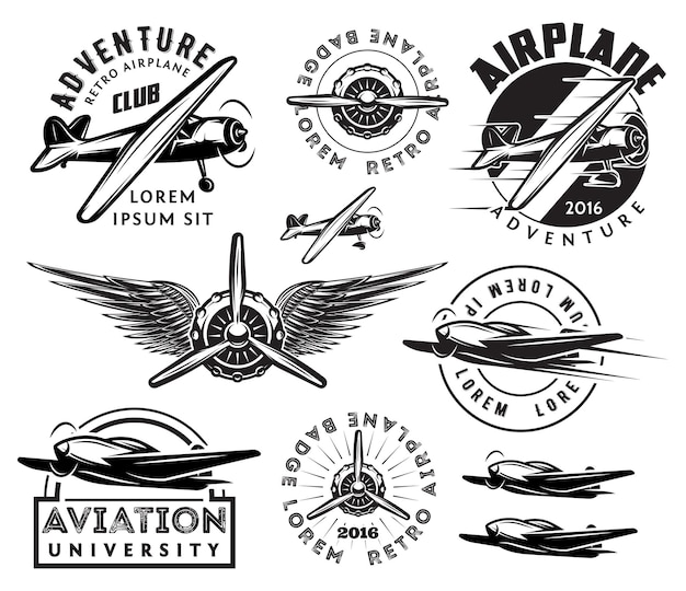 Vecteur ensemble de modèles rétro d'éléments de conception de badges d'avions