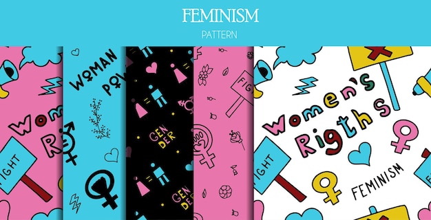 Vecteur ensemble de modèles sans couture doodle signes des droits des femmes du féminisme icônes vectorielles dessinées à la main grunge des symboles de protestation du féminisme un rassemblement pour lutter pour le droit de vote