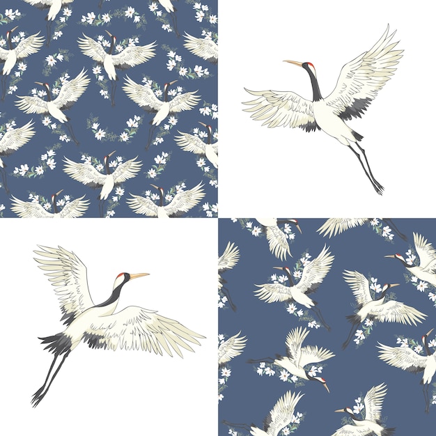 Vecteur ensemble de modèles sans couture avec des grues japonaises