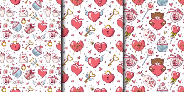 Ensemble De Modèles Sans Couture Avec Saint Valentin Et Objets D'amour Dans Un Style Doodle