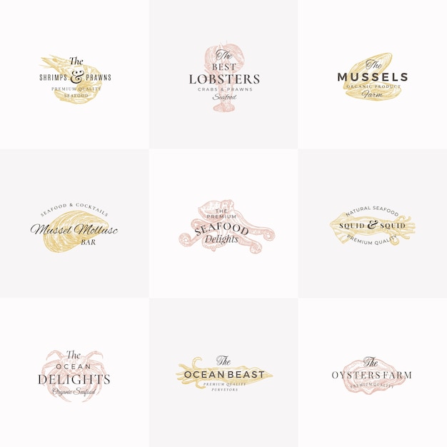 Ensemble de modèles de signes, symboles ou logos abstraits de fruits de mer de qualité supérieure.