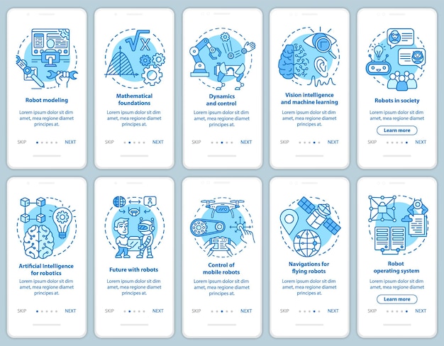 Ensemble de modèles vectoriels d'écran de page d'application mobile d'intégration de cours de robotique. Modélisation, développement de robots. Étapes du site Web avec des illustrations linéaires. UX, UI, concept d'interface de smartphone GUI