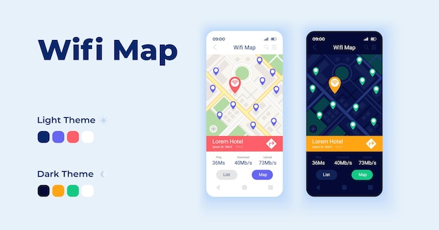 Ensemble De Modèles Vectoriels D'interface De Smartphone De Dessin Animé De Carte Wifi. Jour De La Page D'écran De L'application Mobile Et Conception Du Mode Sombre. Interface Utilisateur De La Carte Du Monde Du Point D'accès Wi-fi Pour L'application. Affichage Du Téléphone Avec Caractère Plat