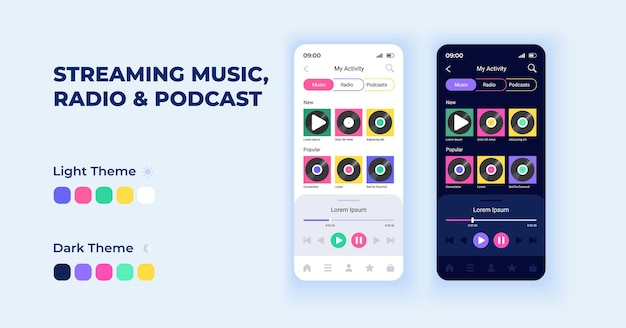 Ensemble De Modèles Vectoriels D'interface De Smartphone De Dessin Animé En Streaming De Musique Et De Podcasts. Conception De La Page D'écran De L'application Mobile En Mode Nuit Et Jour. Interface D'écoute Radio Pour L'application. Affichage Du Téléphone Avec Caractère Plat