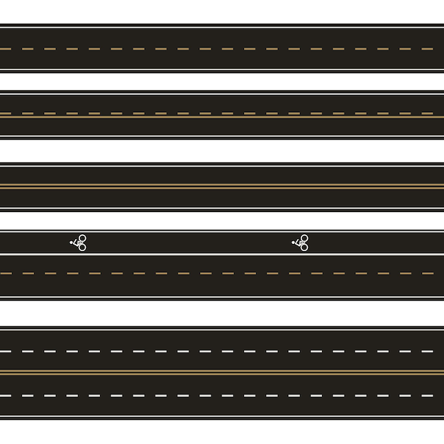 Ensemble De Modèles Vectoriels De Routes Asphaltées Droites. Ensemble D'éléments De Route Sans Soudure. Routes Horizontales Droites Sans Soudure. Routes Répétitives D'asphalte Modernes.