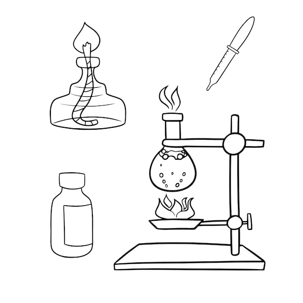 Ensemble Monochrome Pour Expériences Chimiques Avec Flacon En Verre Chauffant Liquide Avec Vecteur Liquide Bouillant