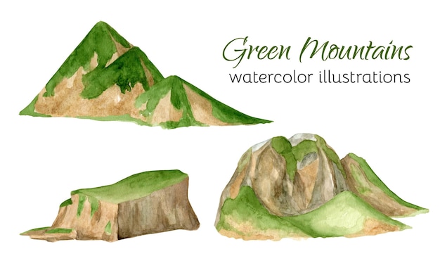 Ensemble De Montagnes Vertes à L'aquarelle Illustrations De Paysages De Pics Et De Sommets D'été Peints à La Main