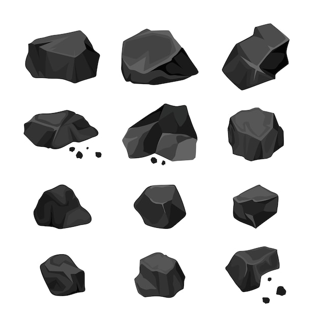 Vecteur ensemble de morceaux de charbon thermique isolé icône de dessin animé vecteur dessin illustré éparpillé extraction d'énergie du charbon