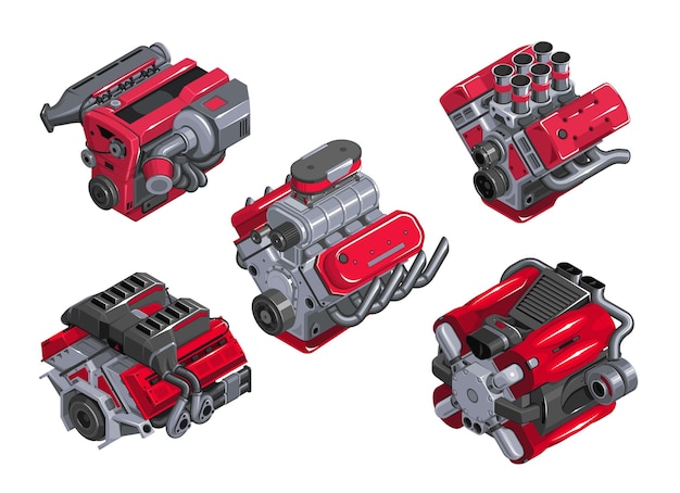 Ensemble De Moteurs De Différents Niveaux Sur Fond Blanc Moteur De Voiture En Isométrie Moteur 3d Détaillé